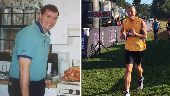 Bill McGrail Before and After Adopting a Plant-Based Diet for His Arthritis – On the left, a photo of him heavier set, standing in the kitchen next to a turkey; on the right, a photo of him crossing the finish line of a race Bill McGrail Before and After Adopting a Plant-Based Diet for His Arthritis - On the left, a photo of him heavier set, standing in the kitchen next to a turkey; on the right, a photo of him crossing the finish line of a race