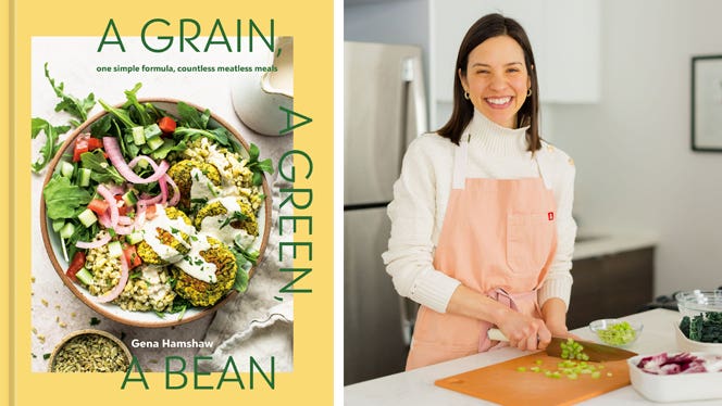 Two side by side photos - on the right, dietitian Gena Hamshaw stands in a kitchen wearing an apron and slicing scallions while smiling, on the left is the cover of her cookbook A Grain, a Green, a Bean, showing a nutritious vegan meal