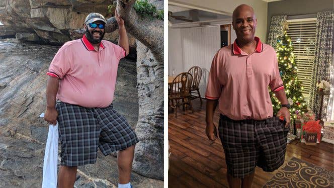 John Brown Before After Man before and after plant-based diet - side by side images of weight loss, lower LDL cholesterol
