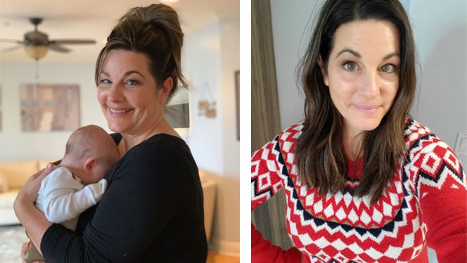 Kim-Jarchow-before-and-after Two photos of Kim Jarchow, one before adopting a plant-based high-carb diet for diabetes and choleserol, and one after. In the before photo, she's smiling, wearing black, and holding an infant. In the after photo, she's wearing a red sweater and has lost more than 30 pounds