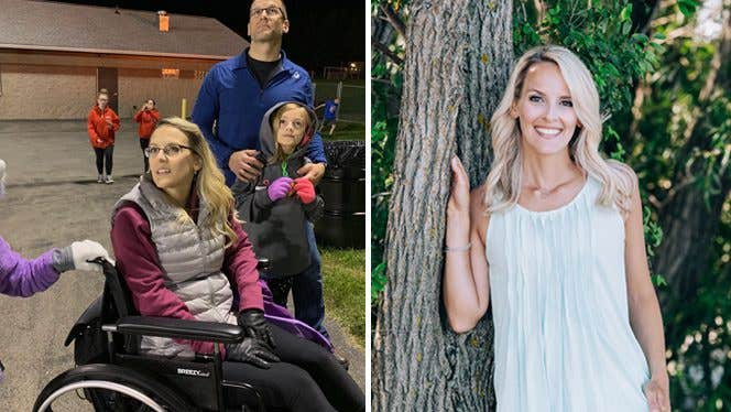 Kimbery-Eallonardo-before-and-after Kimberly Eallonardo shown in two photos before and after adopting a plant-based diet to address her kidney disease and ms symptoms: on the left, she sits in a wheelchair with her family around her, looking up; on the right, she stands beside a tree