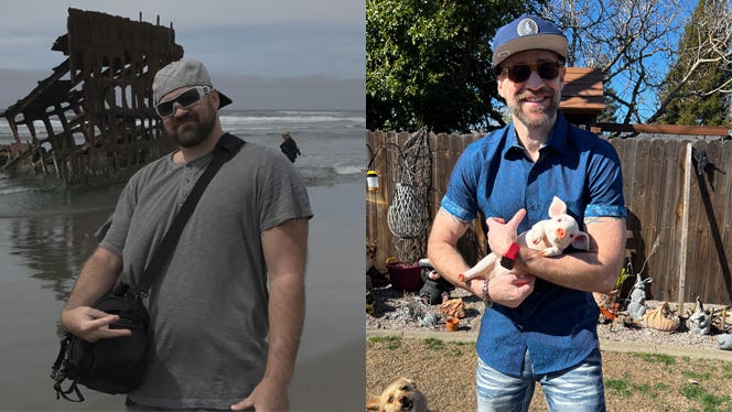 Paul Floyd before and after adopting a plant-based diet for gout, prediabetes, and high blood pressure - on the left he stands on the beach, on the right he holds a piglet and smiles