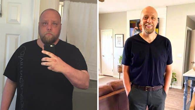 Shane Brooks Before and After Going Plant-Based Side by side photo shows a man before and after a heart attack inspired him to adopt a plant-based diet. On the left, he is heavier; on the right, he is thinner and smiling