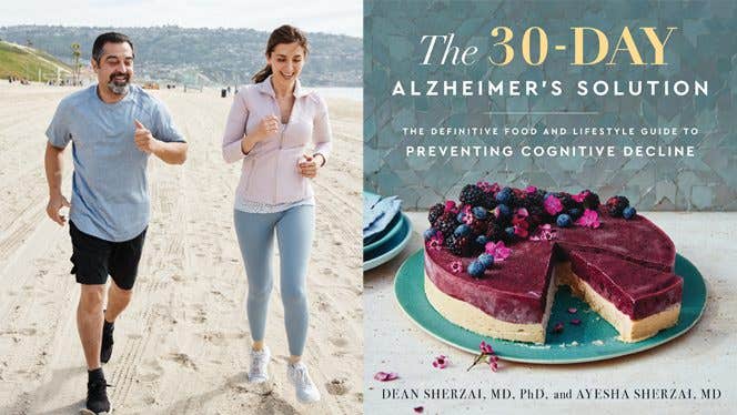 Drs. Sherzai The 30-Day Alzheimer’s Solution Book Doctors Dean and Ayesha Sherzai running on a beach, beside the book cover for the 30-Day Alzheimer's Solution