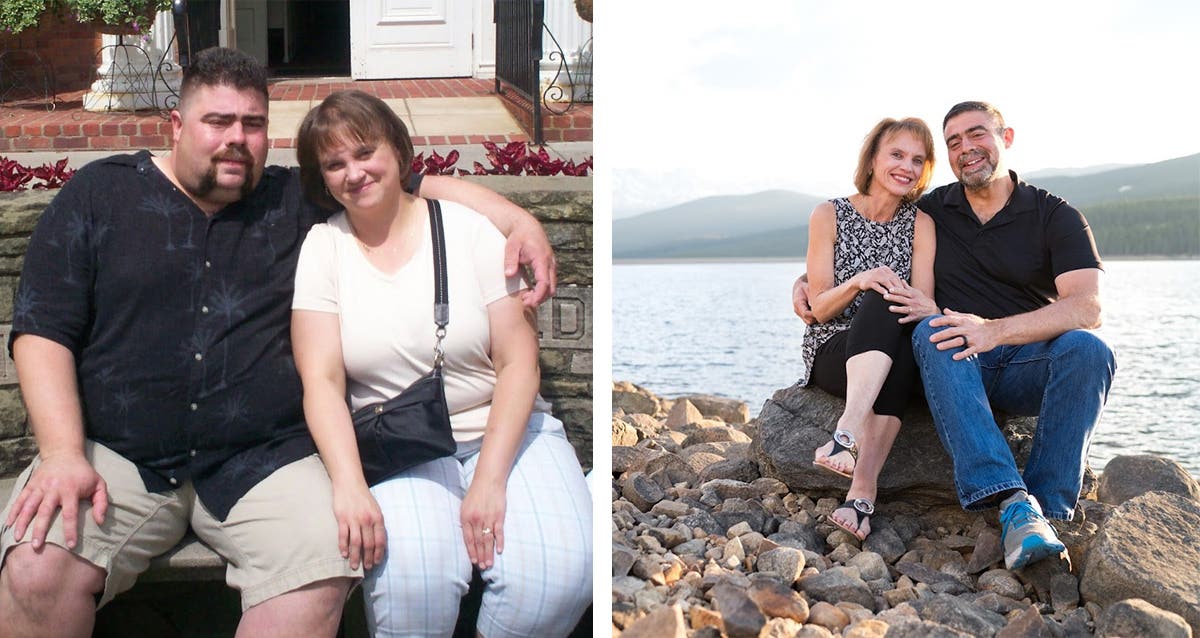 Before and after of Tim Kaufman and his wife, showing significant weight loss. In the right photo the Kaufmans are sitting on a rock at the edge of a lake