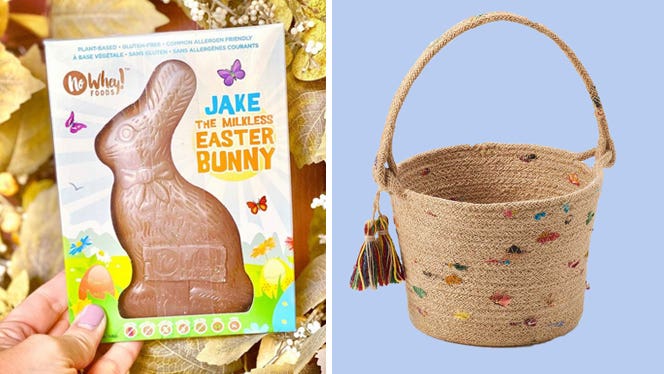 vegan easter basket treats - on the left, a dairy-free vegan chocolate bunny, on the right, a fair-trade handwoven basket
