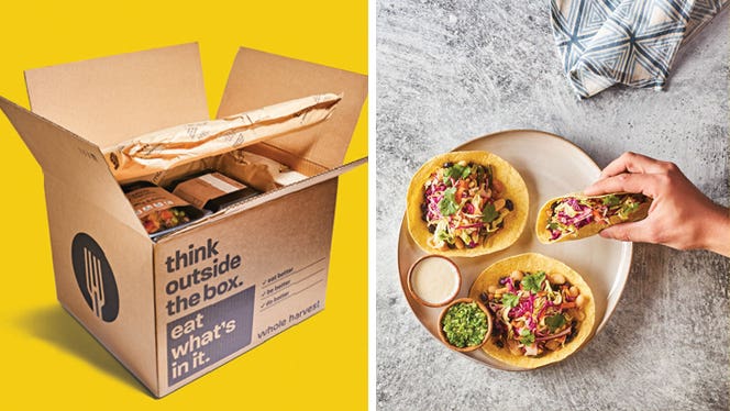 whole-harvest-image-option-3 two side-by-side photos, on the left, a cardboard box labelled on the outside with "Whole Harvest Meal Delivery Service: Think Outside the Box, Eat What's In It" with some sealed meals visible in box; on the right, a plate of veggie tacos on a light gray surface